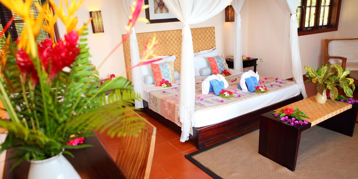 A colorful guest room at Hotel L Archipel, Praslin, Seychelles