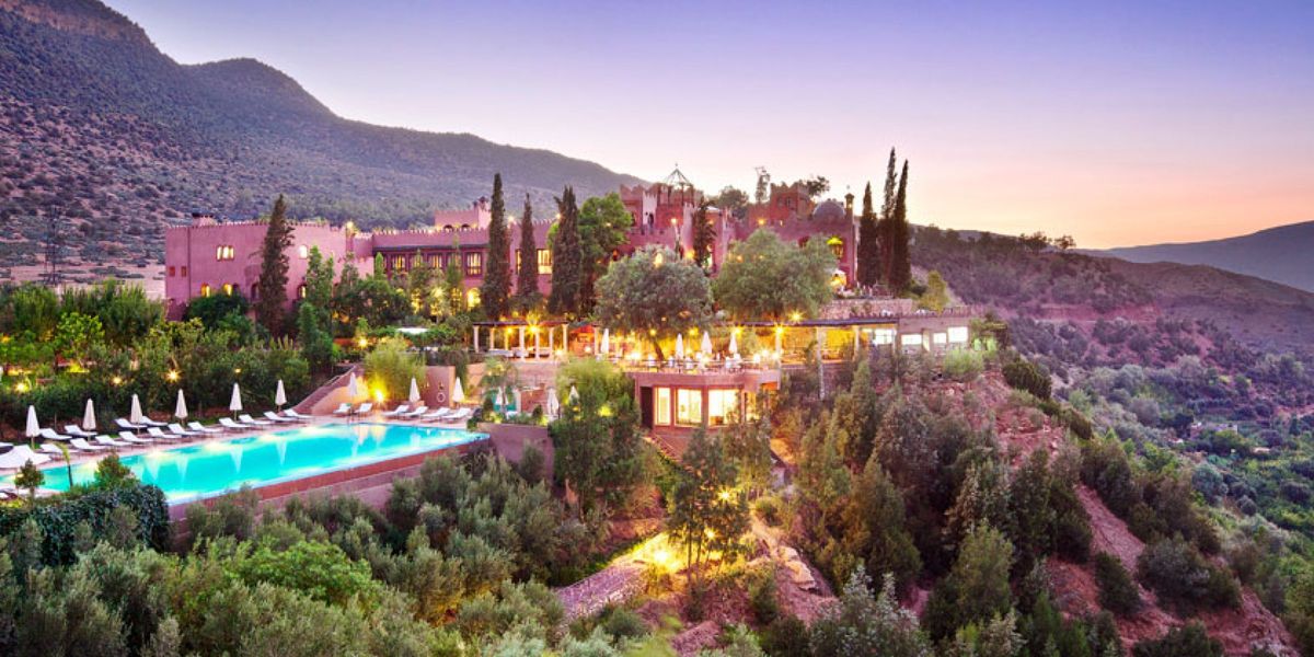 View of the hotel in its setting at Kasbah Tamadot, Atlas Mountains, Morocco